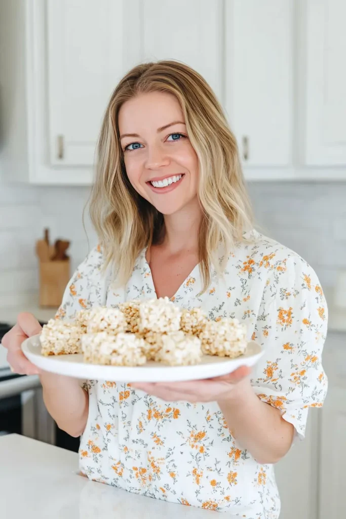 A young woman with shoulder-length blonde hair and blue eyes, wearing an oversized floral blouse, smiling while holding a plate of rice krispie treats in a cozy white kitchen